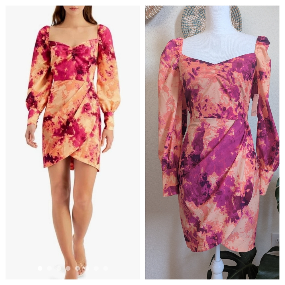 NWT Bar III Desert Melody Purple Orange Sweetheart Long Sleeve Mini Dress